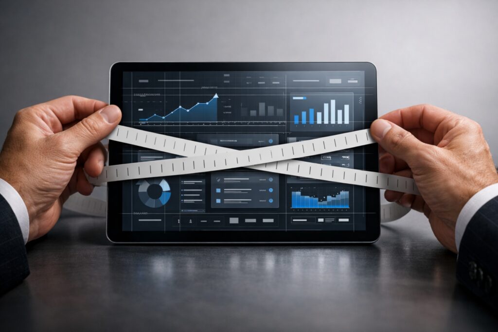 Manos sujetando una cinta métrica sobre una tablet con gráficos y paneles de datos, para expresar cuándo el software a medida es una ventaja competitiva.