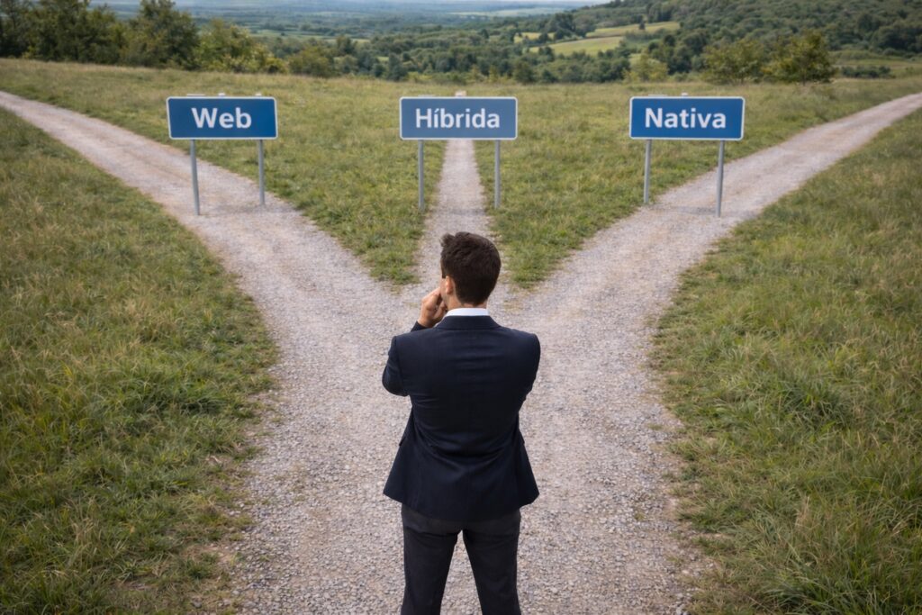 Empresario frente a una bifurcación de tres caminos que representan la decisión entre app nativa, web o híbrida