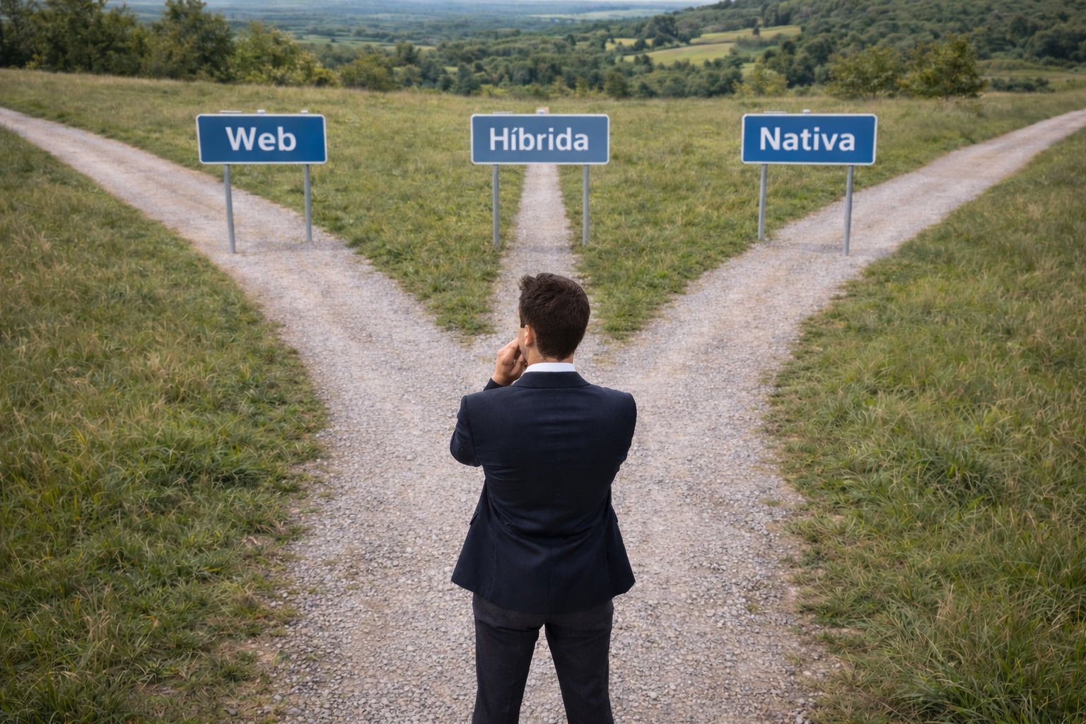 Empresario frente a una bifurcación de tres caminos que representan la decisión entre app nativa, web o híbrida